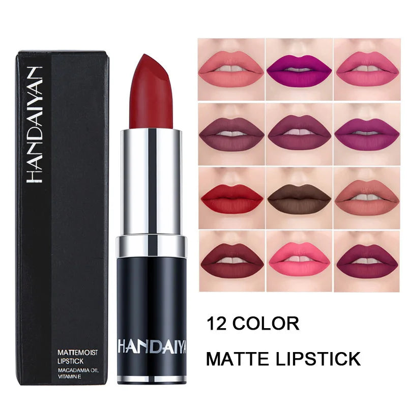 HANDAIYAN 12 Colors Matte Lipstick Long Lasting Velvet Lip Tint Waterproof 24 Hours Red Lip Gloss Cosmetics Make Up