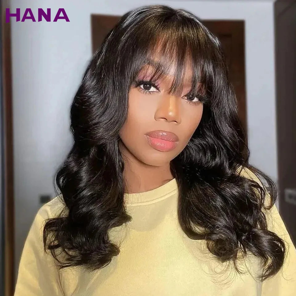 Highlight Dark Brown Colored Body Wave 13x6 Lace Front Wig Remy Human Hair Wigs With Bangs 200% Density 7x5 Lace Closure Wig