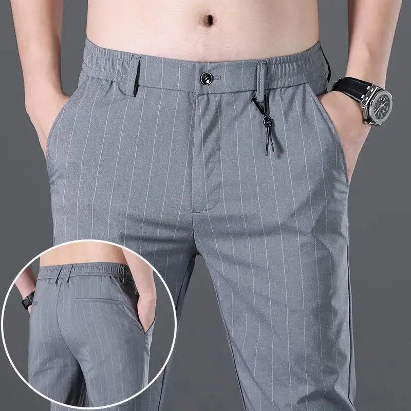 Male Trousers Check Cooling Ice Silk Plaid Straight Up