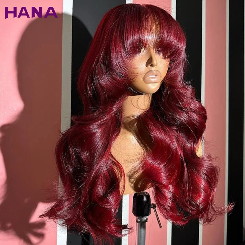 Burgundy Red Color Body Wave With Bangs 13x6 Lace Frontal Wigs Peruvian Remy Human Hair Wig For Black Women 5x7 Lace Closure Wig