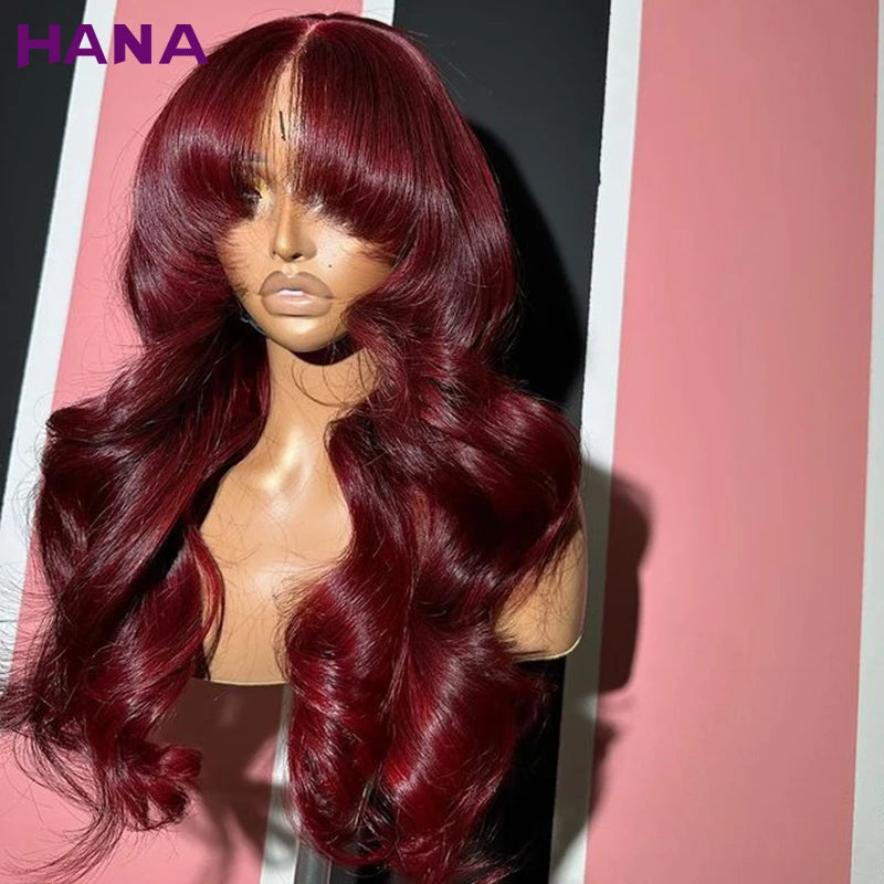 Burgundy Red Color Body Wave With Bangs 13x6 Lace Frontal Wigs Peruvian Remy Human Hair Wig For Black Women 5x7 Lace Closure Wig