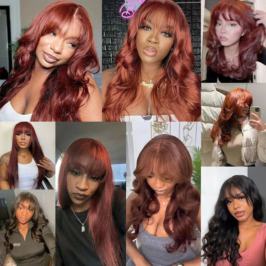 Reddish Brown Colored Body Wave With Bangs 13x6 Lace Frontal Wig Brazilian Remy Human Hair Wig For Women 5x7 Lace Closure Wigs