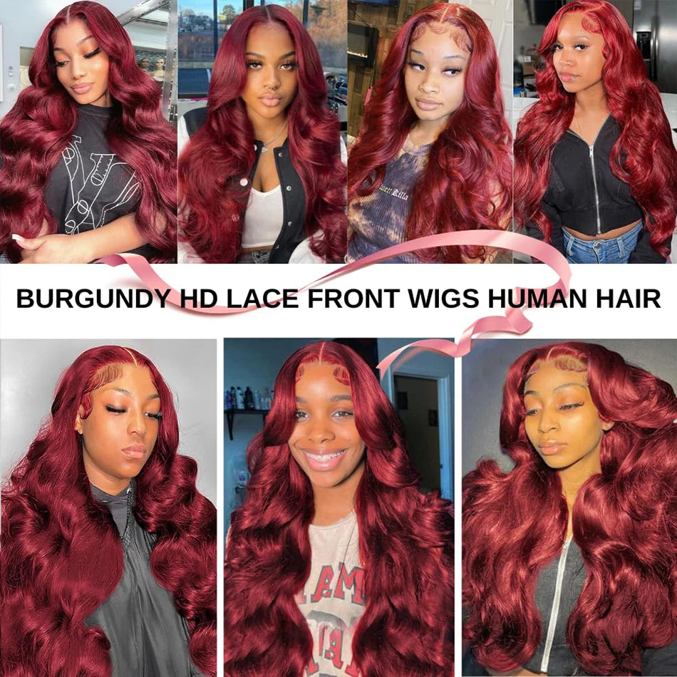 13x6 99j Burgundy Body wave HD Transparent Lace Front Human Hair 13x4 Lace Frontal Wig Brazilian Hair For Black Women