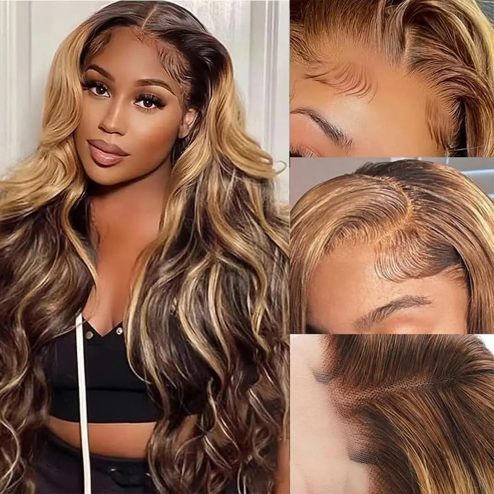 13x6 Highlight Body Wave Human Hair Wig 4/27 Ombre 13x4 HD Transparent 200 Density Lace Front Wigs Brazilian Hair For Women