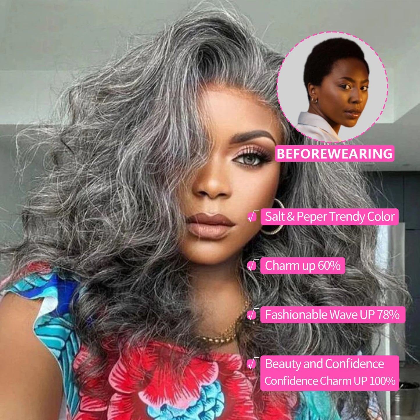 Human Hair Lace Front Wigs Grey bob loose wave wigs Salt and Pepper