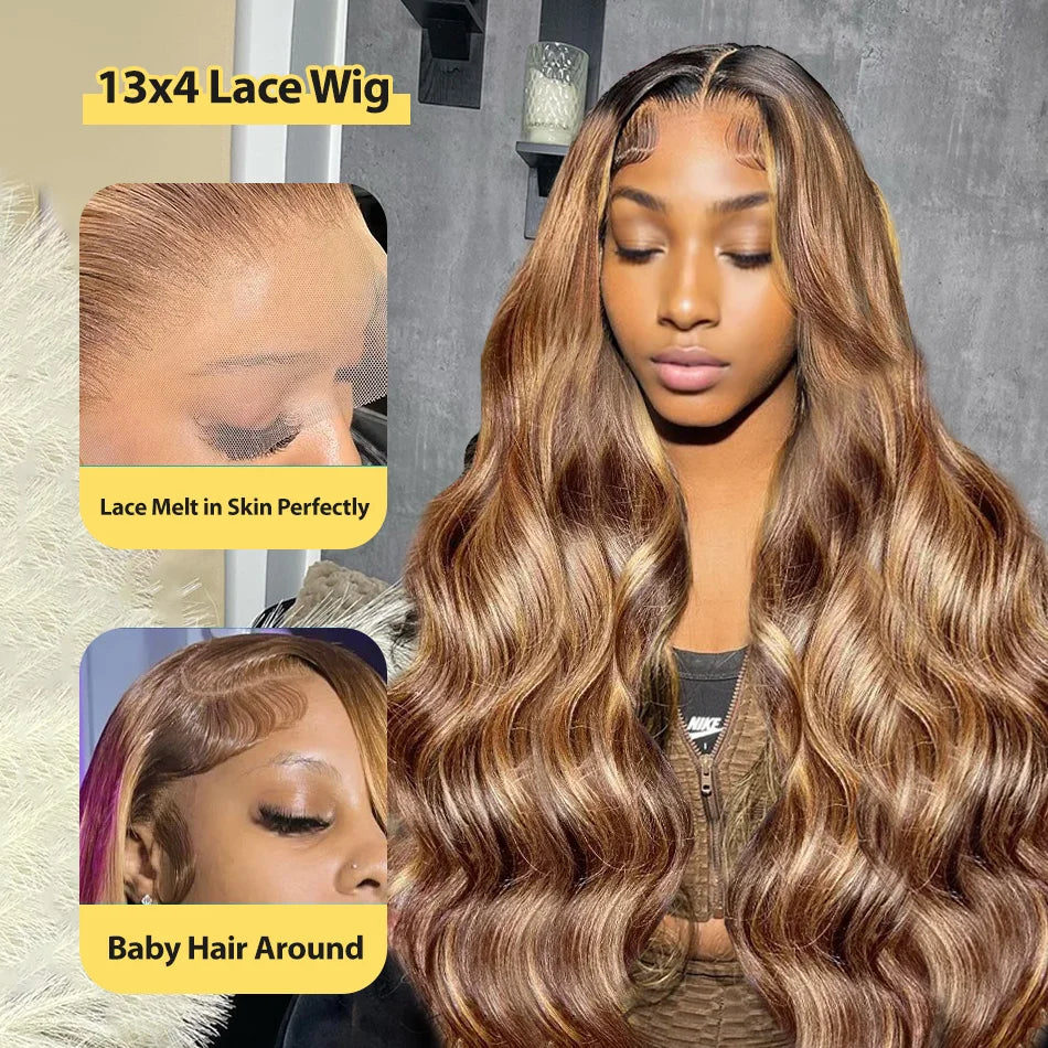 13x6 Highlight Body Wave Human Hair Wig 4/27 Ombre 13x4 HD Transparent 200 Density Lace Front Wigs Brazilian Hair For Women