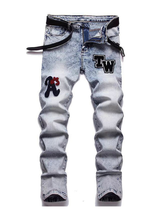 New style Zhangzi pattern micro-elastic high-quality fabric slim fit small straight jeans