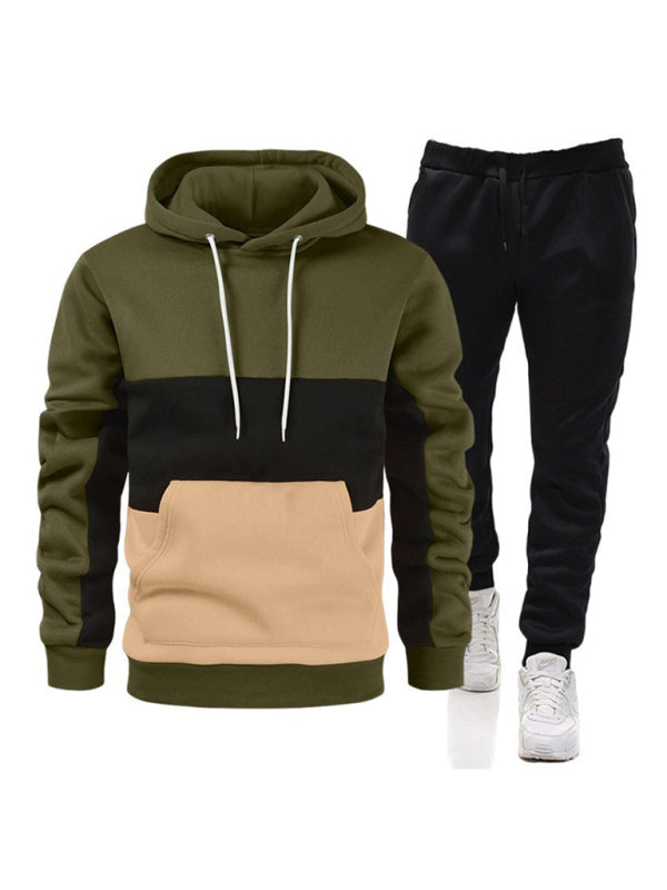 Spliced color men's hoodie sweatshirt loose casual suit