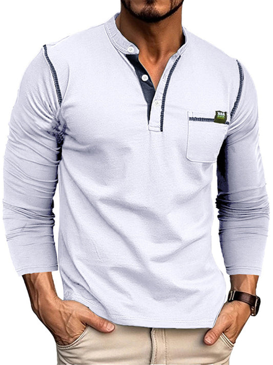 New Men's Henley Color Block Knitted Long Sleeve T-Shirt