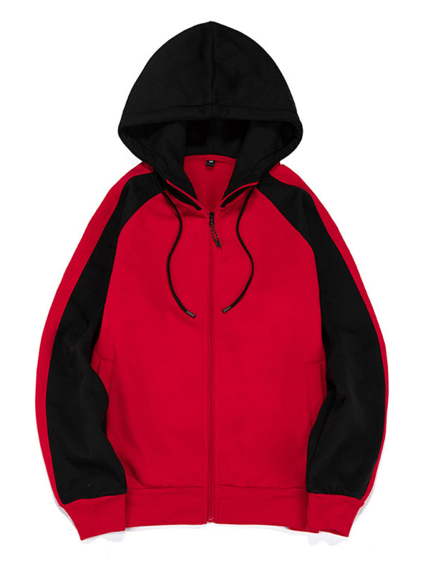 Men's casual contrasting color zipper cardigan hooded sweatshirt