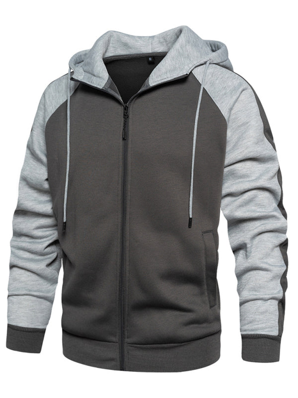 Men's casual contrasting color zipper cardigan hooded sweatshirt