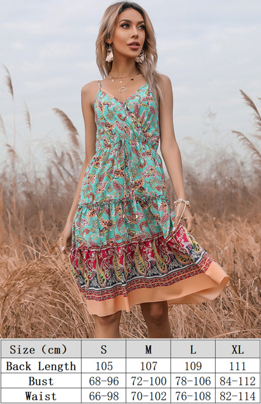 Women's Ethnic Print Boho V-Neck Slip Dress