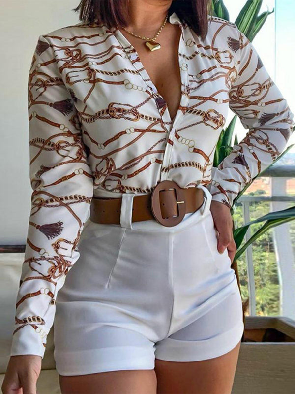 Digital Printing Stand Collar Long Sleeve Shirt Ladies Set