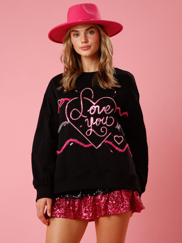 Women's love sequin sequin round neck pullover sweatshirt