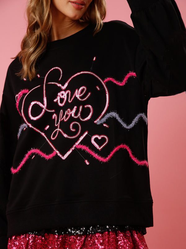 Women's love sequin sequin round neck pullover sweatshirt