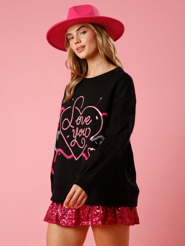 Women's love sequin sequin round neck pullover sweatshirt