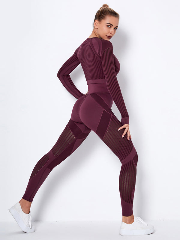 Seamless tight striped long-sleeved pants quick-drying yoga wear sportswear set