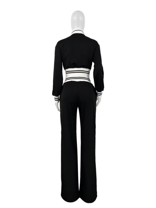 Color Block Stitching Contrast Wide Leg Flared Pants Two-Piece Set