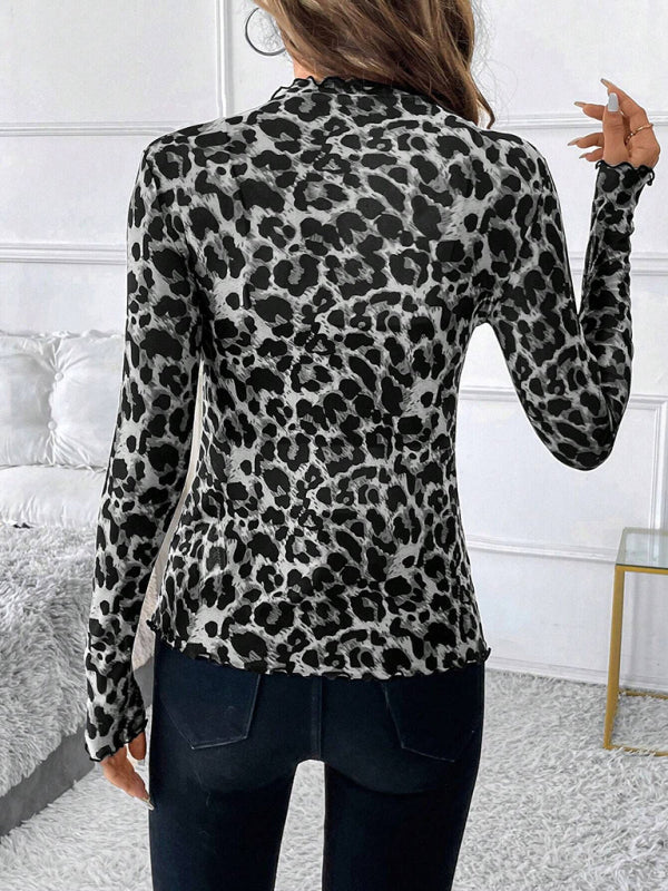 Women's Sexy Leopard Print Mesh Ruffle Bodysuit T-shirt Top